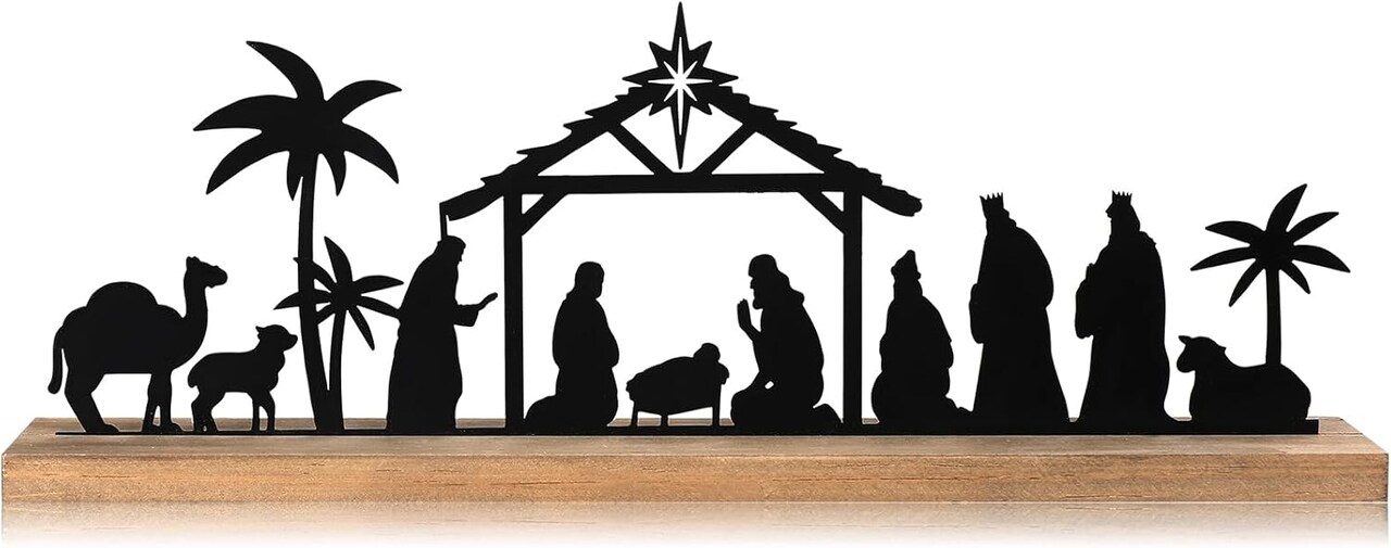 Nativity Sets for Christmas Indoor Decor Black Metal Nativity Scene with Wooden Base People Nativity Set Decorations for Christmas Xmas Home Table Shelf (Classic)